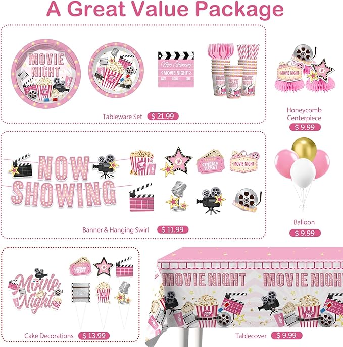 213 PCS Pink Movie Night Decorations Movie Theme Party Supplies