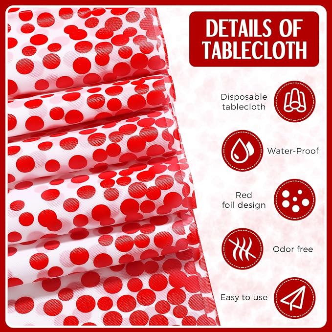 Breling 8 Pack White and Red Disposable Plastic Tablecloths and Satin