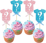 Ephlyn 24Pcs Gender Reveal Cupcake Toppers Glitter Pink Blue Bow