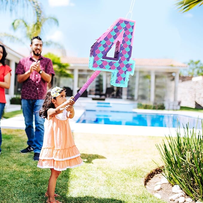 Mermaid Number 4 Pinata with Stick Blindfold for Girl 4th Birthday
