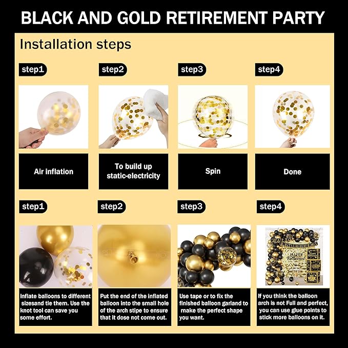 Happy Retirement Party Decorations Kit for Men Women Black Gold