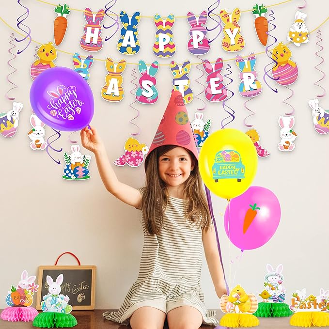 55PCS Easter Decorations HAPPY EASTER Banner 16PCS Easter Balloons
