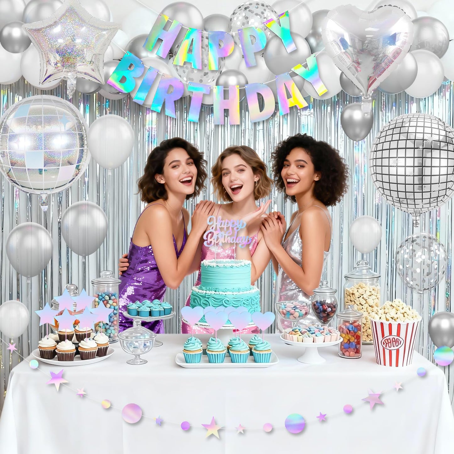 Disco Party Decorations, Iridescent Happy Birthday Star Hanging Banner
