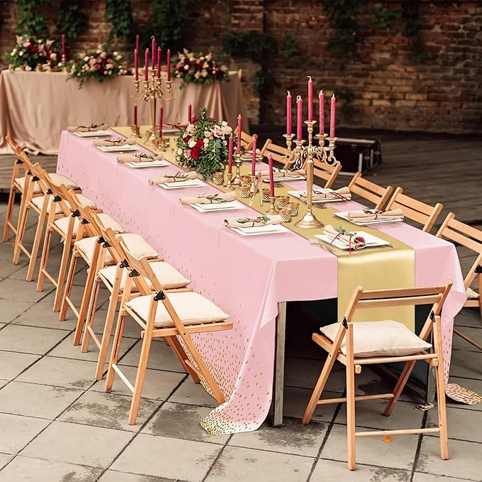 Breling 24 Pack Pink and Gold Disposable Plastic Tablecloths and