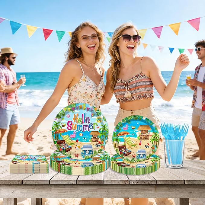 96 Pcs Hello Summer Party Decorations Summer Beach Paper Plates and