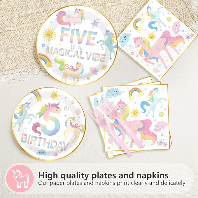 96 Pcs Magical Pastel Unicorn 5th Birthday Party Supplies Five is a