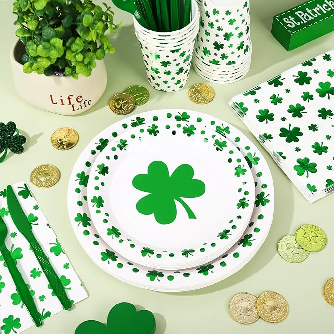168Pcs St Patrick's Day Tableware Set Foil Green Shamrock Disposable