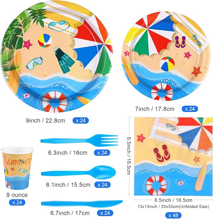 ADXCO 192 Piece Summer Pool Party Tableware Set Including Plates