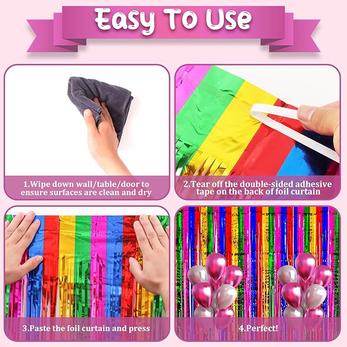 Voircoloria 4 Pack 3.3x8.2 Feet Rainbow Foil Fringe Backdrop