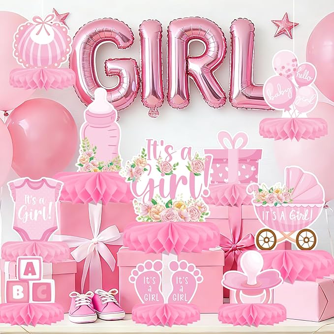Girl Baby Shower Decorations Set - Kit with Pink Honeycomb
