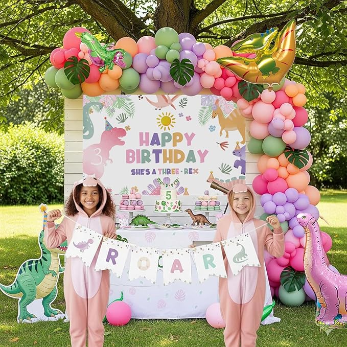 Three Rex 3rd Birthday Decorations with Pastel Pink Green Dinosaur