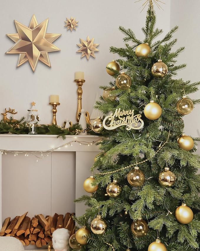 DN DECONATION Gold Glass Christmas Ornaments, Set of 9, 3.15' Hanging