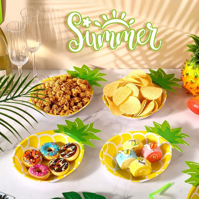 24 Pcs Yellow Pineapple Plates Hawaiian Tropical Luau Party Plates