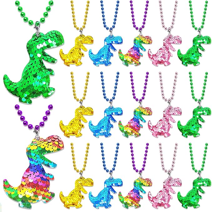 15 Pack Dinosaur Sequin Necklace Party Favors with Mardi Gras Beads