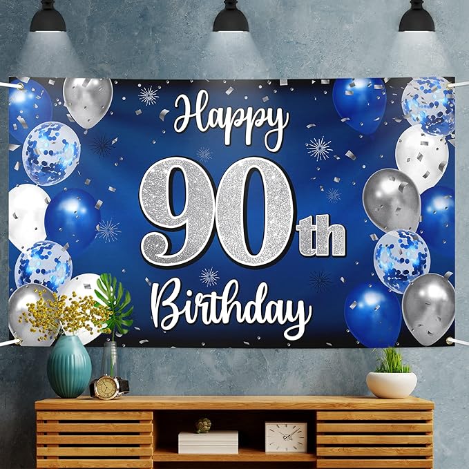 Happy 90th Birthday Decorations 90th Blue & Silver Balloon Large