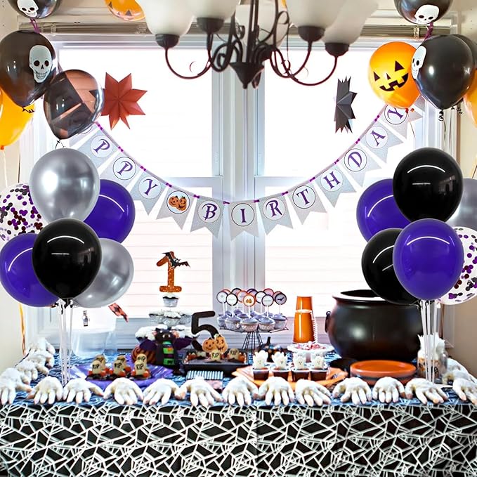 Halloween Balloons Black Silver Purple Confetti Balloons Stand