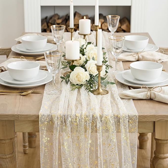 Artoid Mode Beige Gold Gauze Table Runner 59x120 Inch 10FT, Glitter