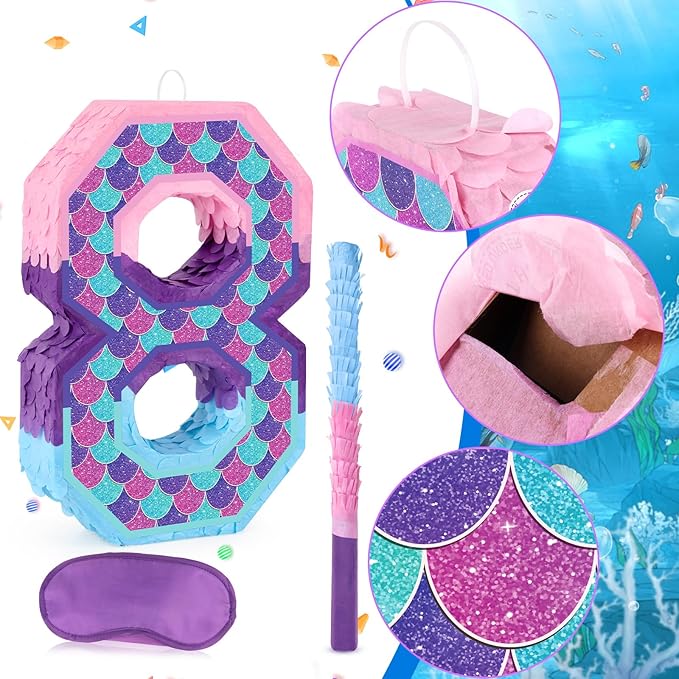Mermaid Number 8 Pinata with Purple Pinata Stick Blindfold 8th