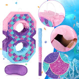 Mermaid Number 8 Pinata with Purple Pinata Stick Blindfold 8th