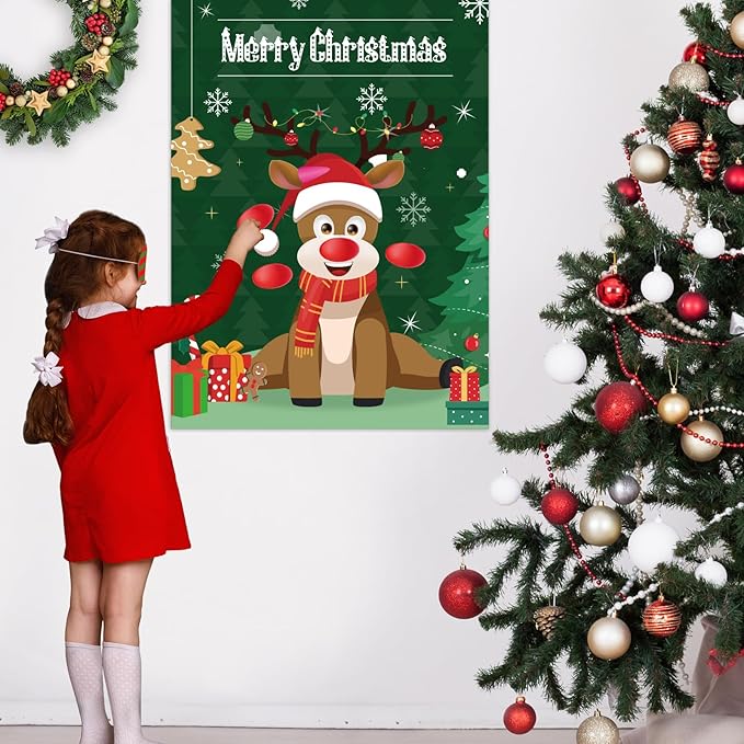 ASTARON Christmas Party Games for Kids, Pin The Hat on Reindeer with