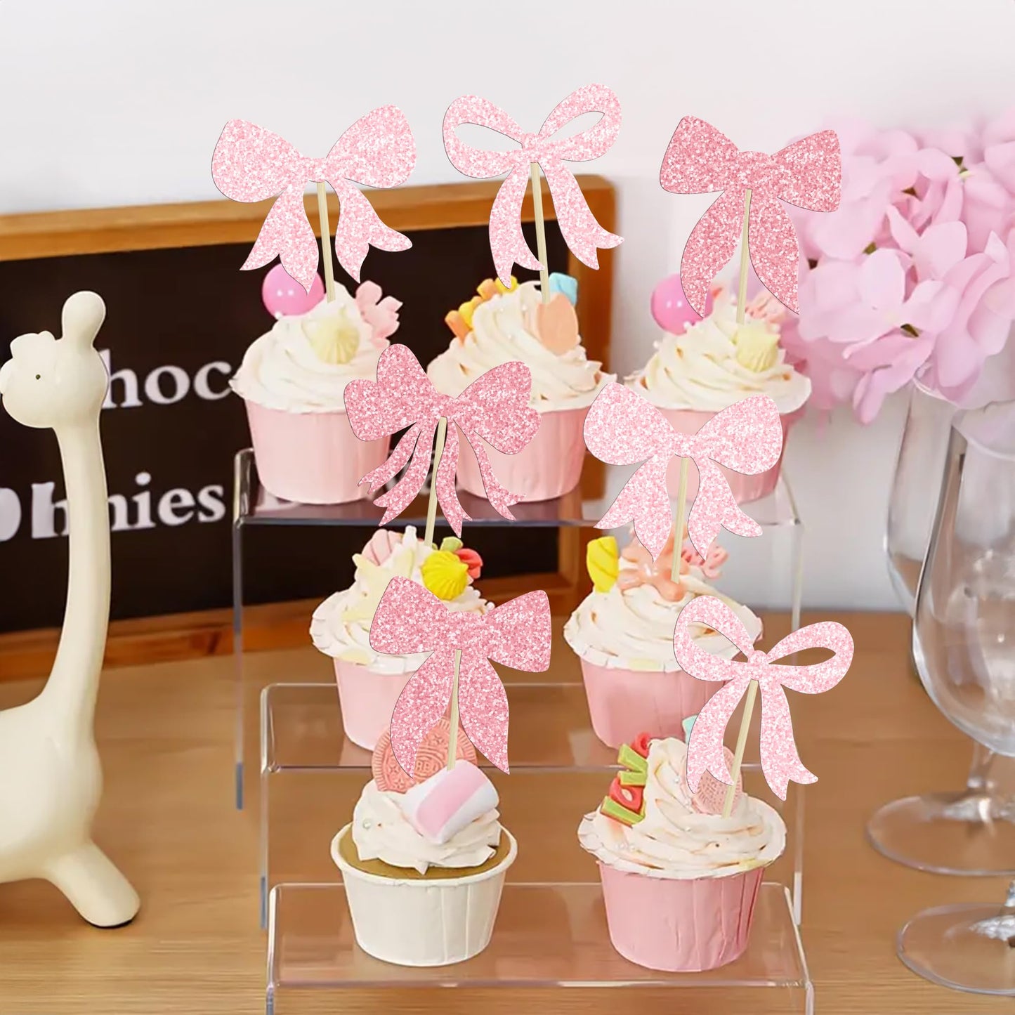 Gyufise 36Pcs Bow Cupcake Toppers Glitter Bowknot Cupcake Picks Bow