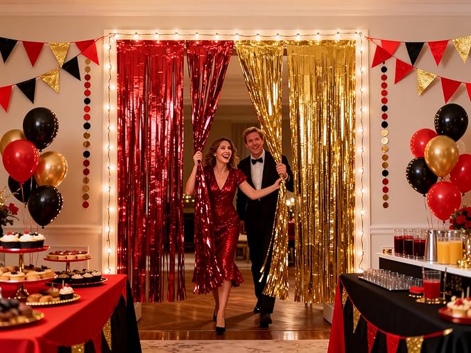 3 Packs Red Gold Foil Fringe Curtains Extra Wide 9.9ft for Birthday