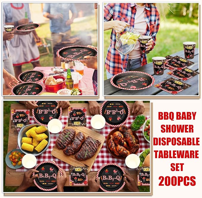 200 Pcs BBQ Baby Shower Paper Plates Cups Napkins Party Supplies