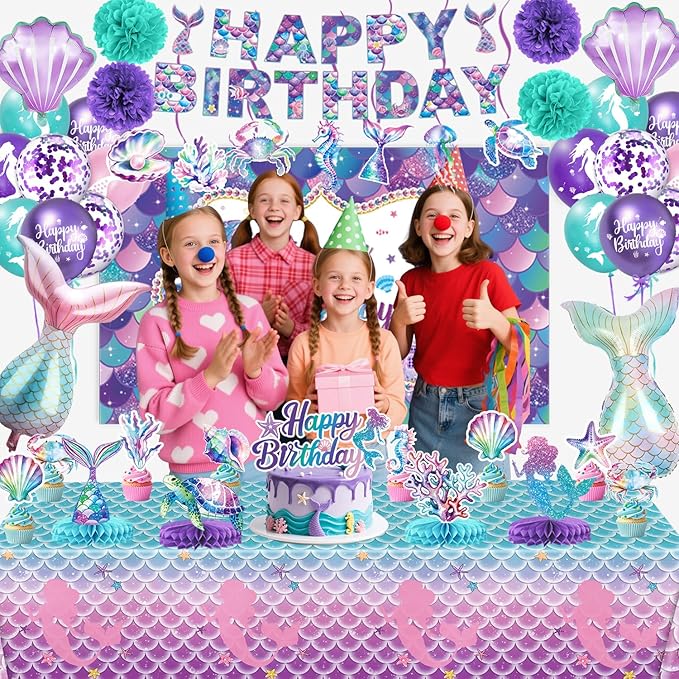 Mermaid Birthday Decorations Includes Banner Backdrop Foil & Latex