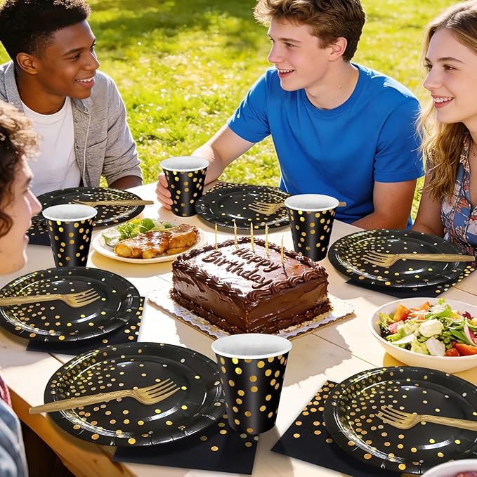 Black and Gold Party Supplies Includes 9" Paper Plates and Napkins