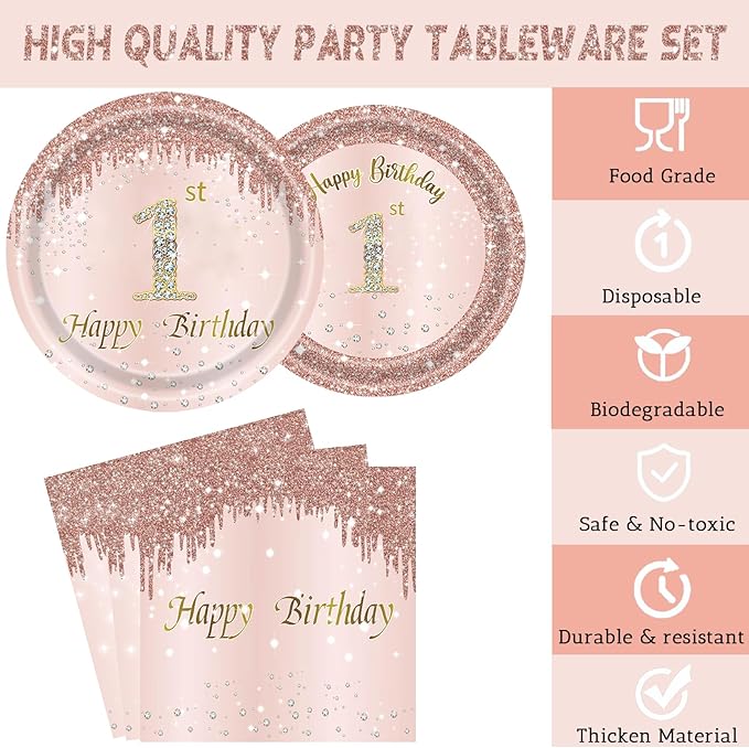 24 Sets 1st Rose Gold Birthday Party Decrations for Girls 1 Birthday