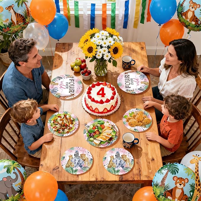 96Pcs Four Ever Wild Birthday Decorations Safari Animal Theme 4th