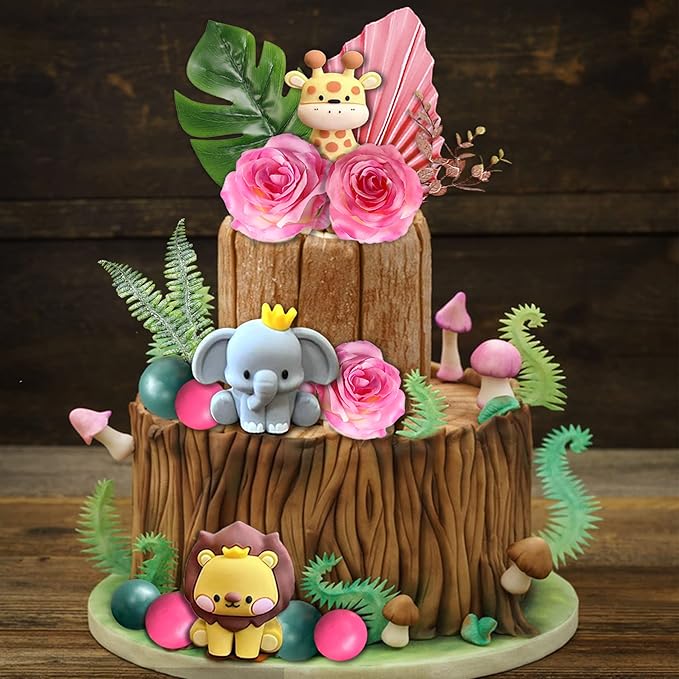 22pcs Safari Jungle Animal Cake Toppers Flower Balls Cake Decoration