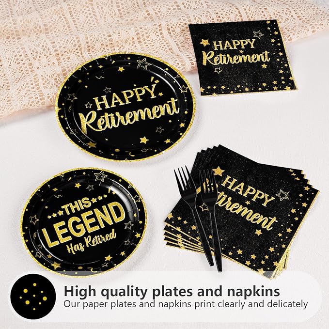 96 Pcs Retirement Party Plates Black and Gold Happy Retirement Party