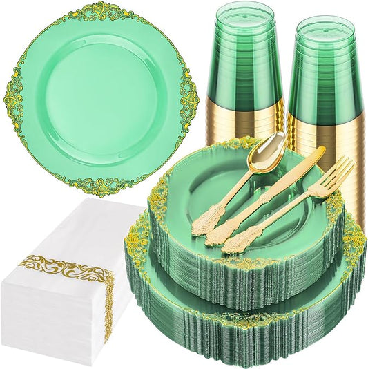 Hioasis 175pcs Clear Green Plastic Plates - Elegant Disposable
