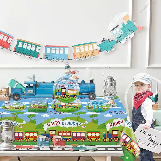 81Pcs Train 2nd Birthday Decorations Including Paper Plates Napkins