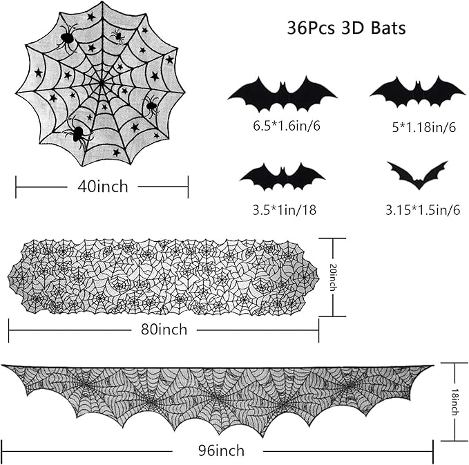 39 Pcs Halloween Decorations Kit Black Lace Spiderweb Round