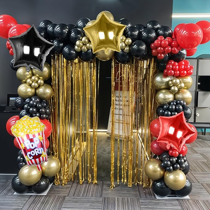 Movie Night Balloon Garland Arch Kit Red Black Metallic Gold