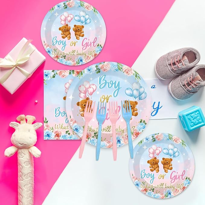 96 Pieces Bear Gender Reveal Theme Tableware Set for Gender Reveal