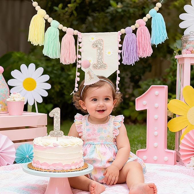 Baby First Birthday Party Decorations Macaron High Chair Banner