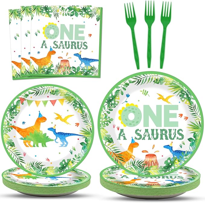 96Pcs One A Saurus Birthday Party Plates and Napkins Dinosaur First