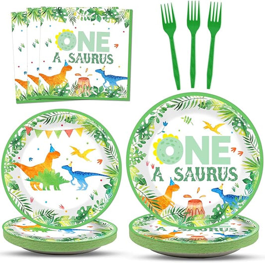 96Pcs One A Saurus Birthday Party Plates and Napkins Dinosaur First