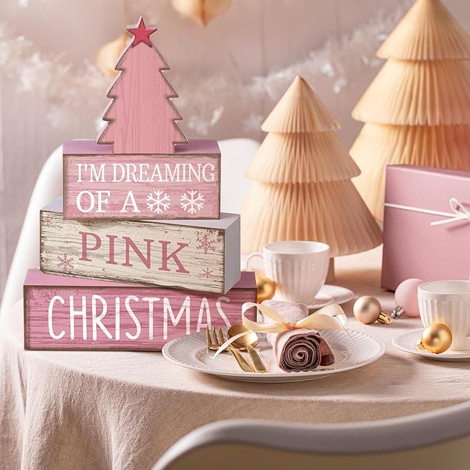 4 Pcs Christmas Table Decoration Wooden Pink Christmas Tree