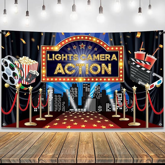 Lights Camera Action Backdrop Large 72x44 Inch Movie Theme Party