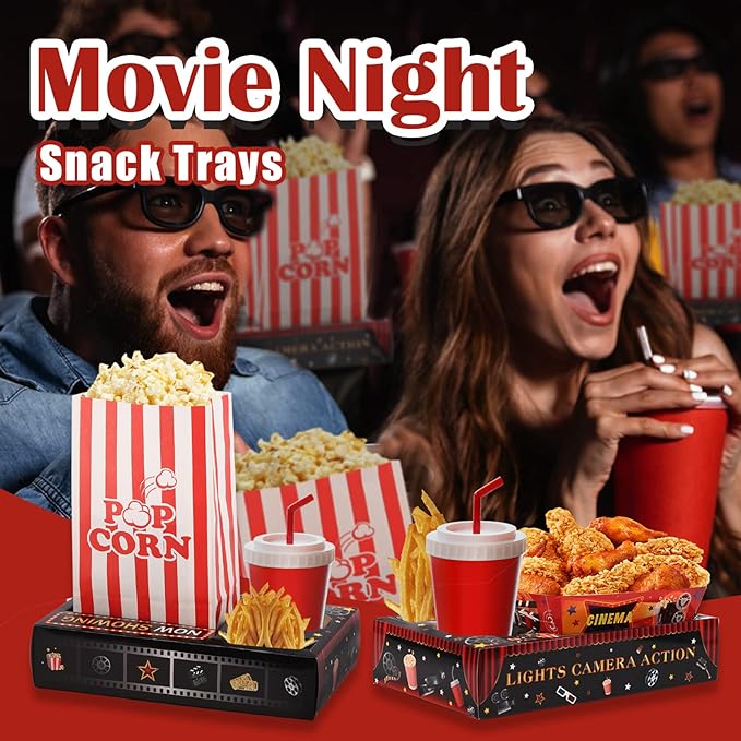 Movie Night Snack Trays with Popcorn Bags and Food Trays Movie Night
