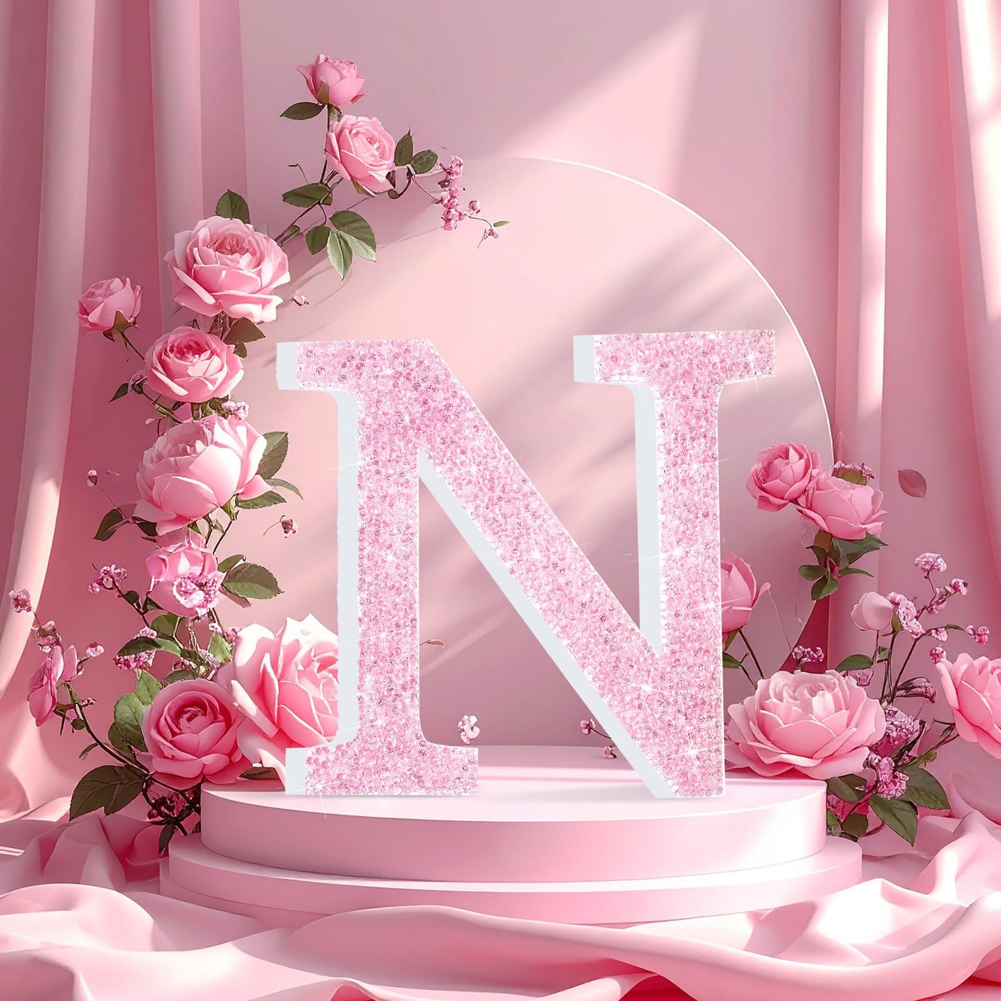 Qunclay Pink Crystal Diamond Letter Wall Decor, Glitter Wooden Bling