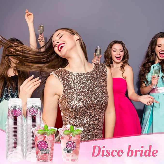 100 Pcs Pink Disco Ball Bachelorette Party Cups 16 oz Clear