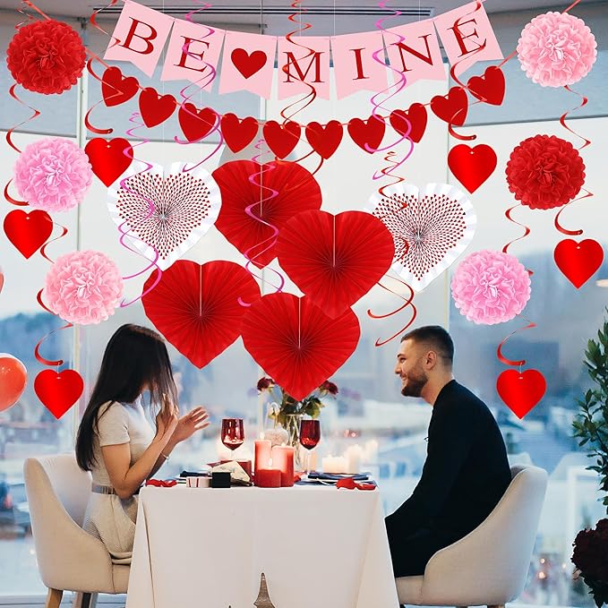 26PCS Valentines Decorations Happy Valentines BE MINE Banner Heart