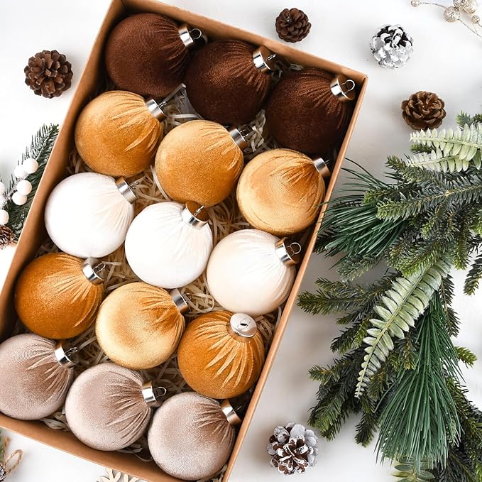 Gold Velvet Christmas Tree Ornaments - 15pcs Shatterproof Christmas
