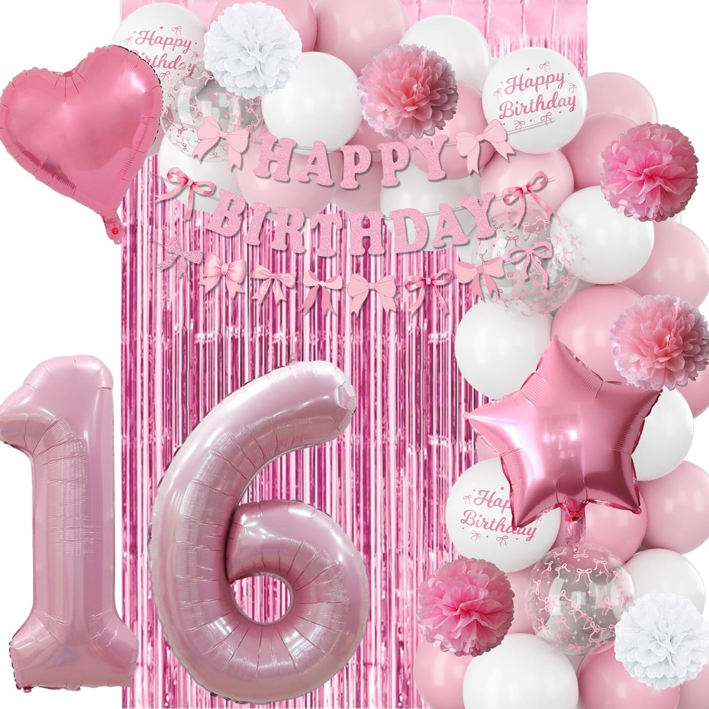 16th Birthday Decorations for Girls Pink Number 16 Balloon Bow