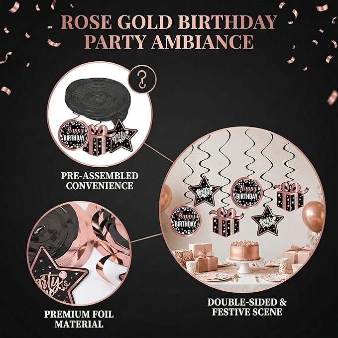 Rose Gold and Black Birthday Decorations Party Supplies Kit with